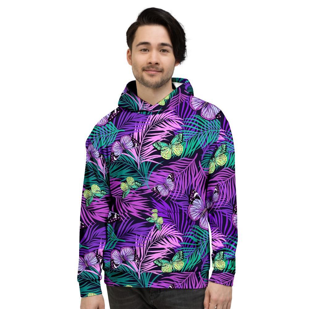 Neon Purple Tropical Palm Tree Butterfly Print Men's Hoodie-grizzshop