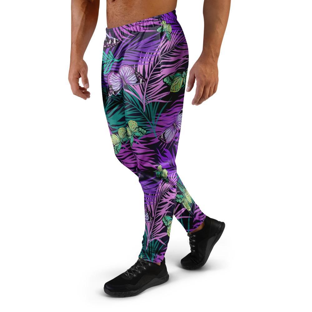 Neon Purple Tropical Palm Tree Butterfly Print Men's Joggers-grizzshop