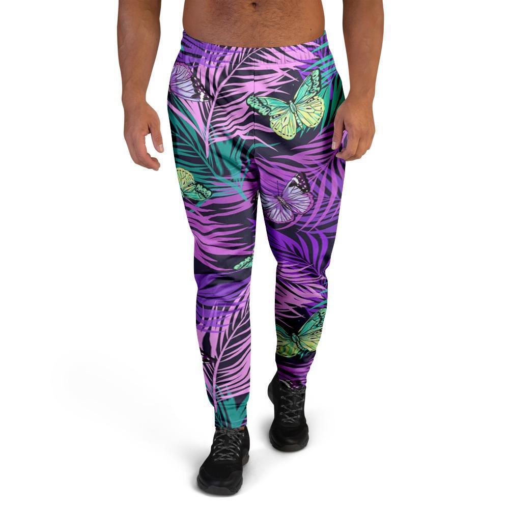 Neon Purple Tropical Palm Tree Butterfly Print Men's Joggers-grizzshop