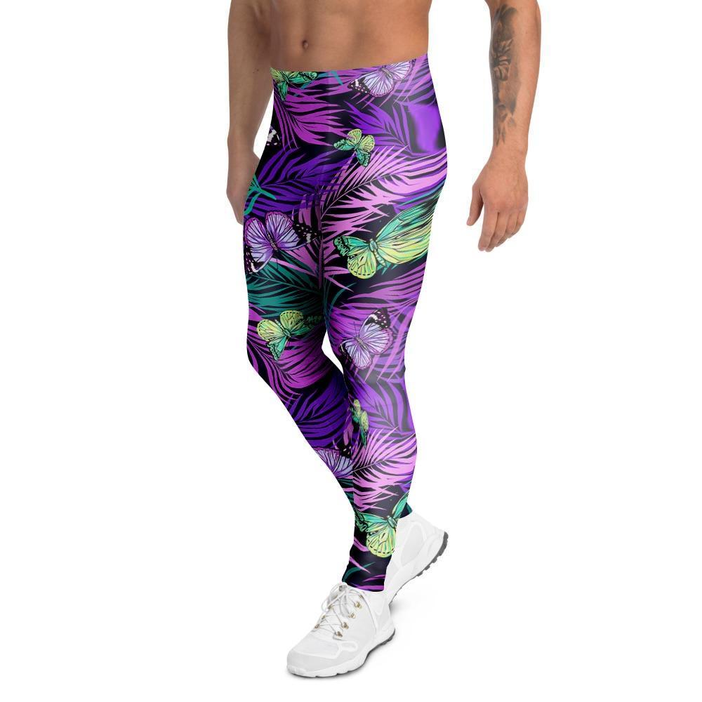 Neon Purple Tropical Palm Tree Butterfly Print Men's Leggings-grizzshop