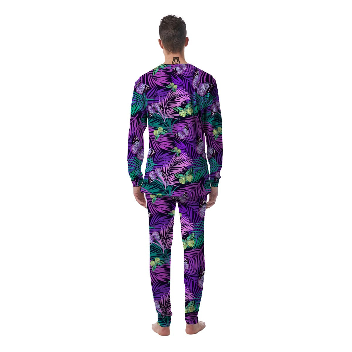 Neon Purple Tropical Palm Tree Butterfly Print Men's Pajamas-grizzshop