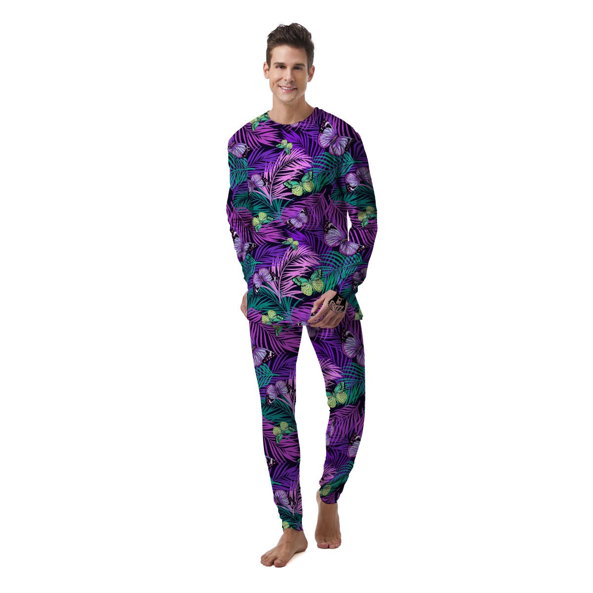 Neon Purple Tropical Palm Tree Butterfly Print Men's Pajamas-grizzshop