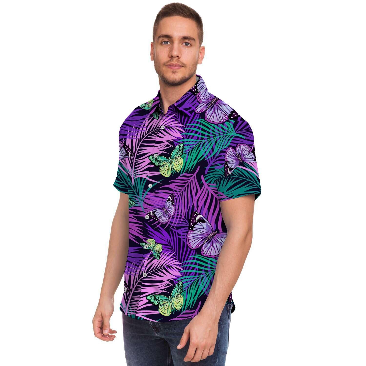 Neon Purple Tropical Palm Tree Butterfly Print Men's Short Sleeve Shirt-grizzshop