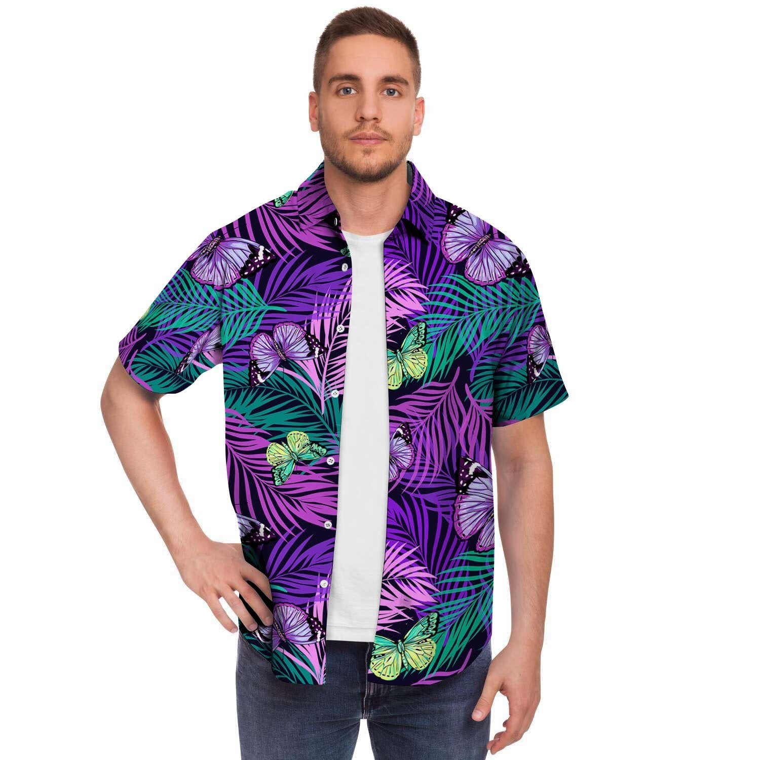 Neon Purple Tropical Palm Tree Butterfly Print Men's Short Sleeve Shirt-grizzshop
