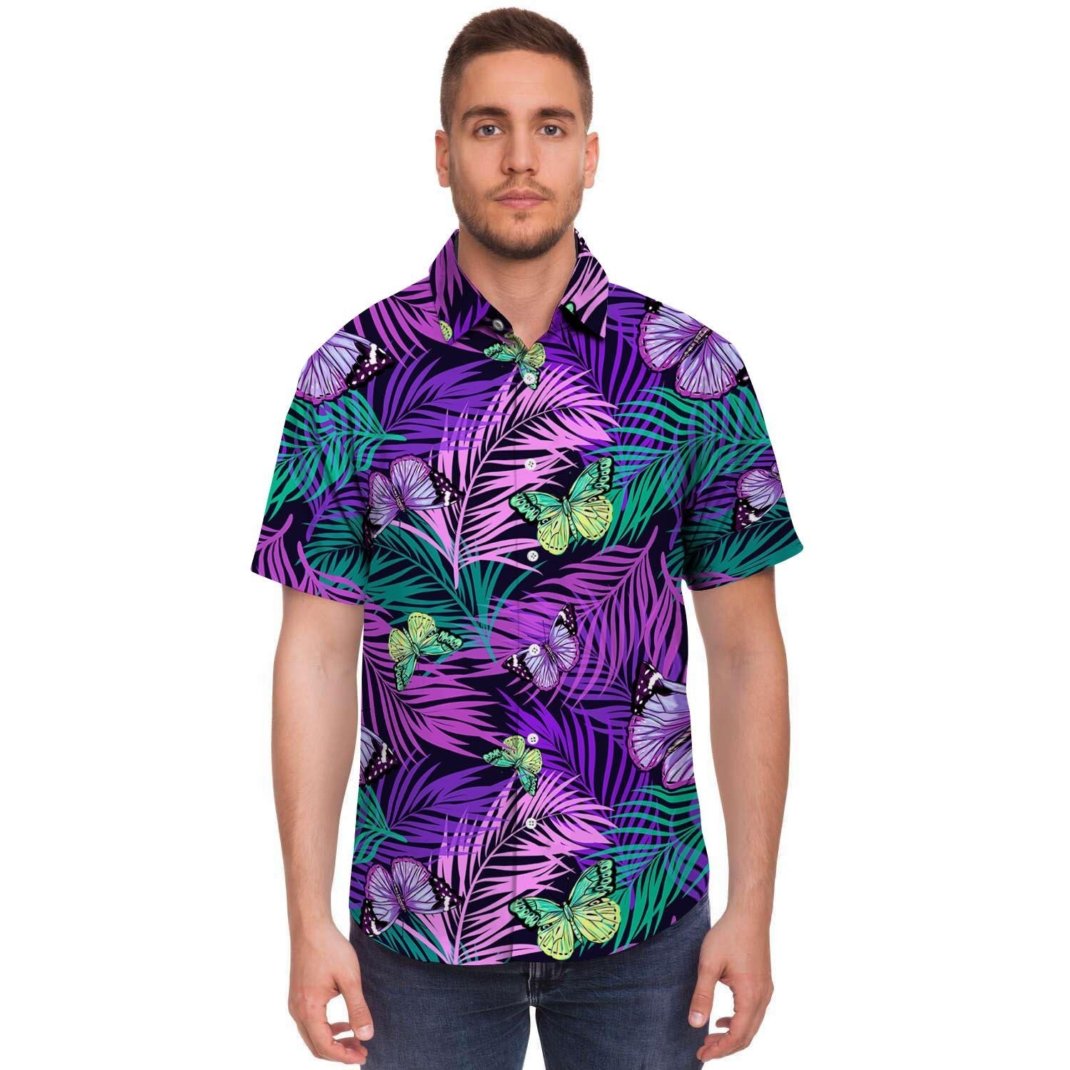 Neon Purple Tropical Palm Tree Butterfly Print Men's Short Sleeve Shirt-grizzshop