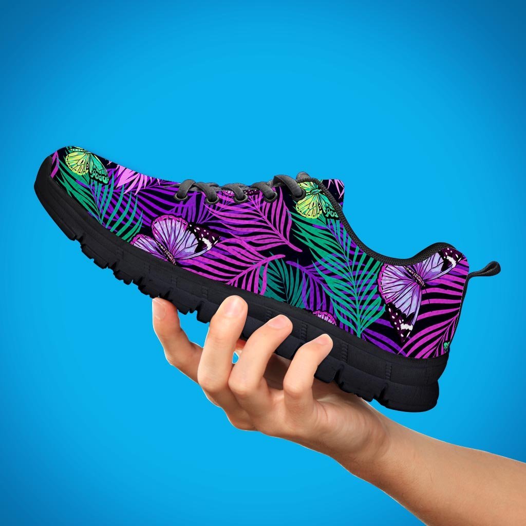 Neon Purple Tropical Palm Tree Butterfly Print Men's Sneakers-grizzshop