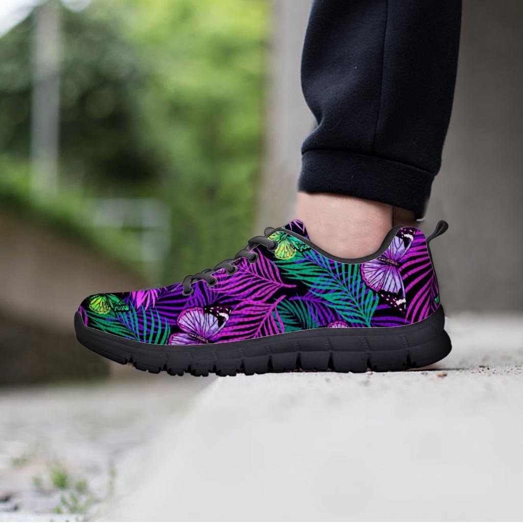 Neon Purple Tropical Palm Tree Butterfly Print Men's Sneakers-grizzshop