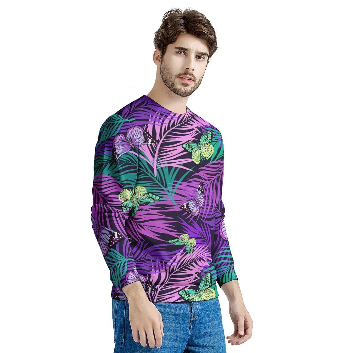 Neon Purple Tropical Palm Tree Butterfly Print Men's Sweatshirt-grizzshop