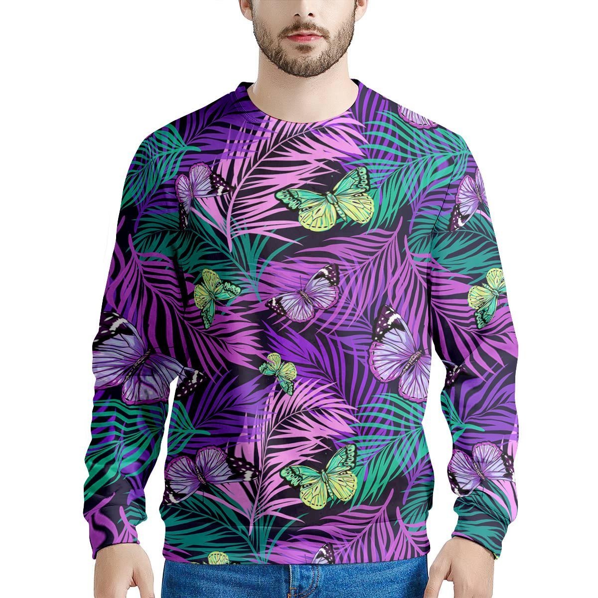 Neon Purple Tropical Palm Tree Butterfly Print Men's Sweatshirt-grizzshop