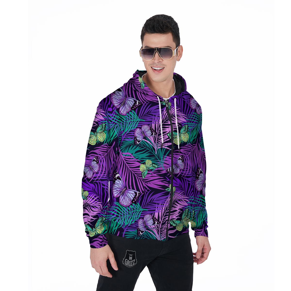 Neon Purple Tropical Palm Tree Butterfly Print Men's Zip Up Hoodie-grizzshop