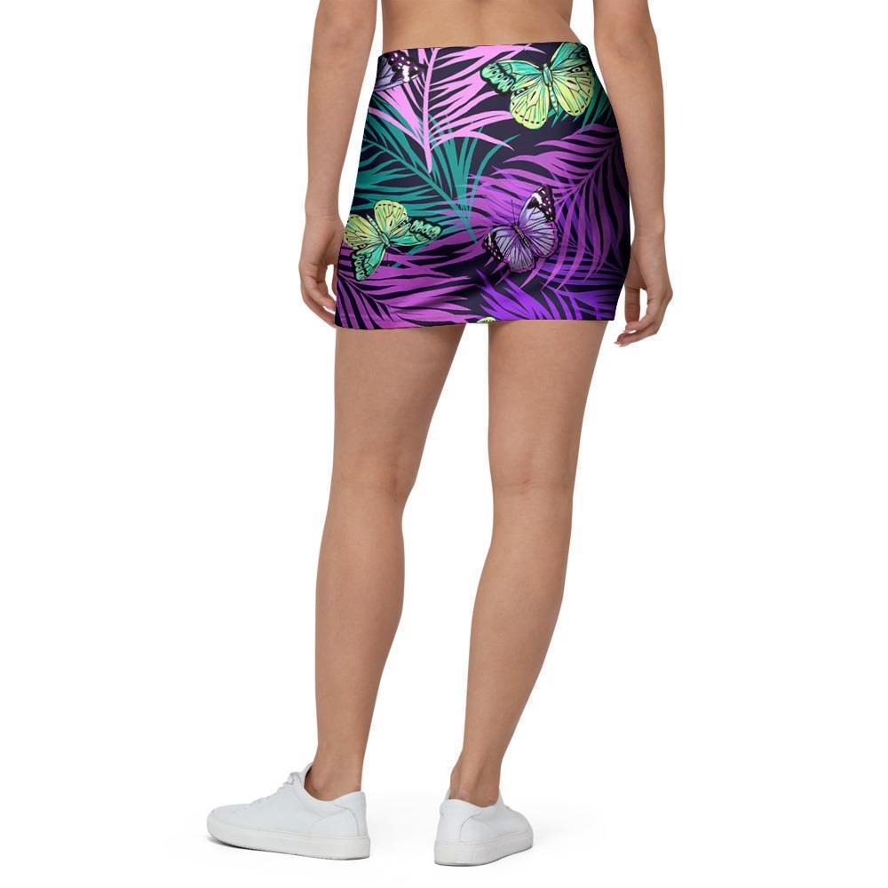 Neon Purple Tropical Palm Tree Butterfly Print Mini Skirt-grizzshop