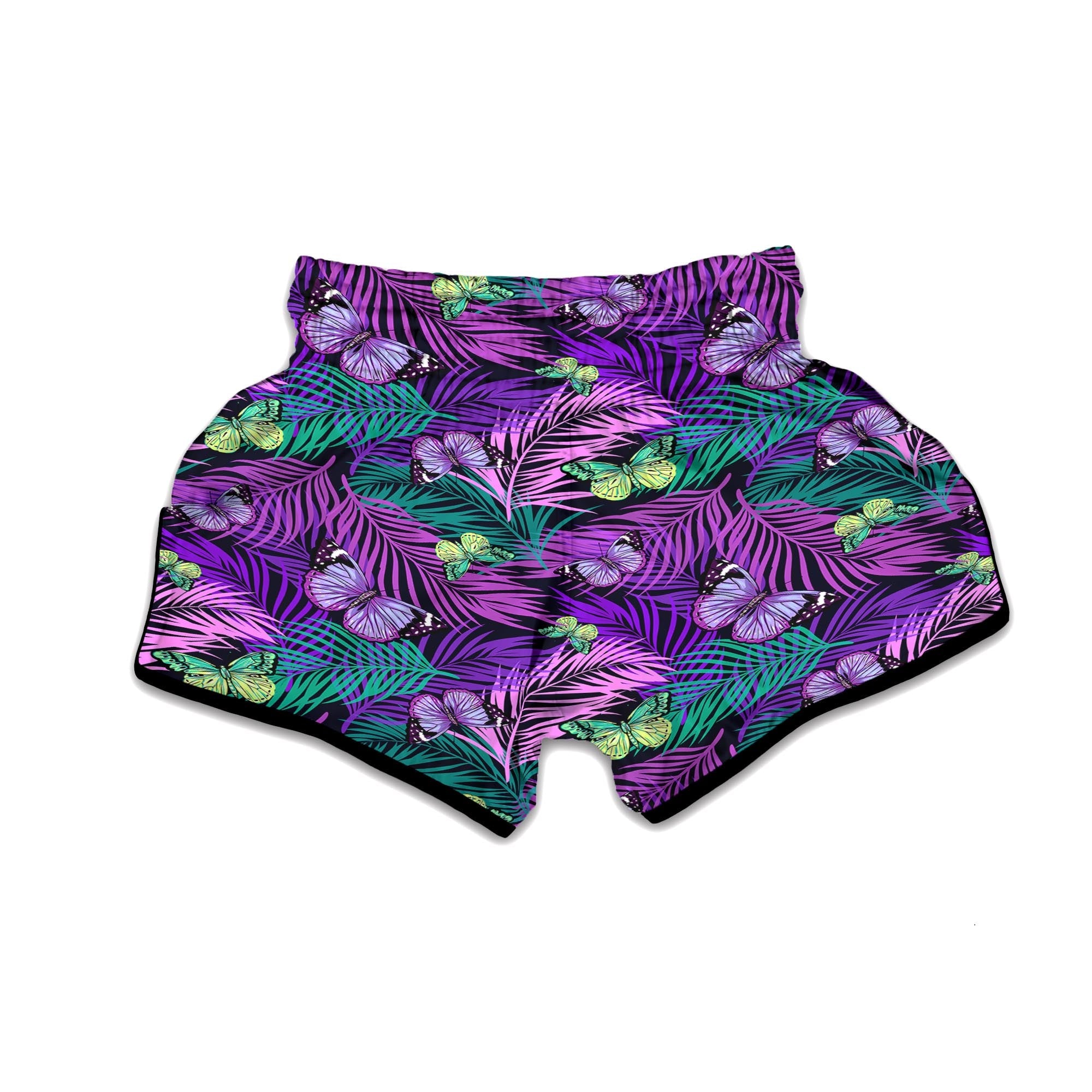 Neon Purple Tropical Palm Tree Butterfly Print Muay Thai Boxing Shorts-grizzshop