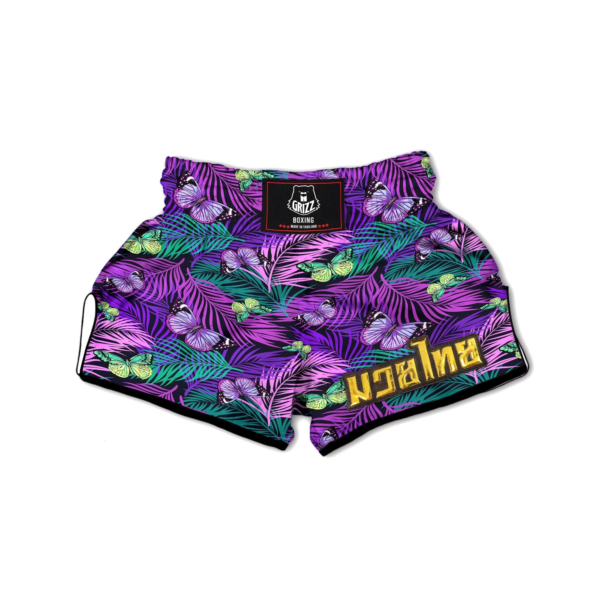 Neon Purple Tropical Palm Tree Butterfly Print Muay Thai Boxing Shorts-grizzshop