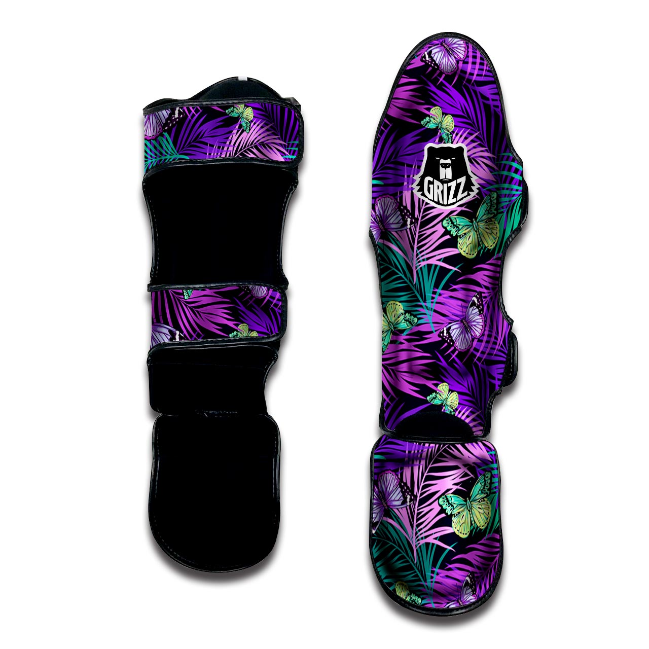 Neon Purple Tropical Palm Tree Butterfly Print Muay Thai Shin Guard-grizzshop