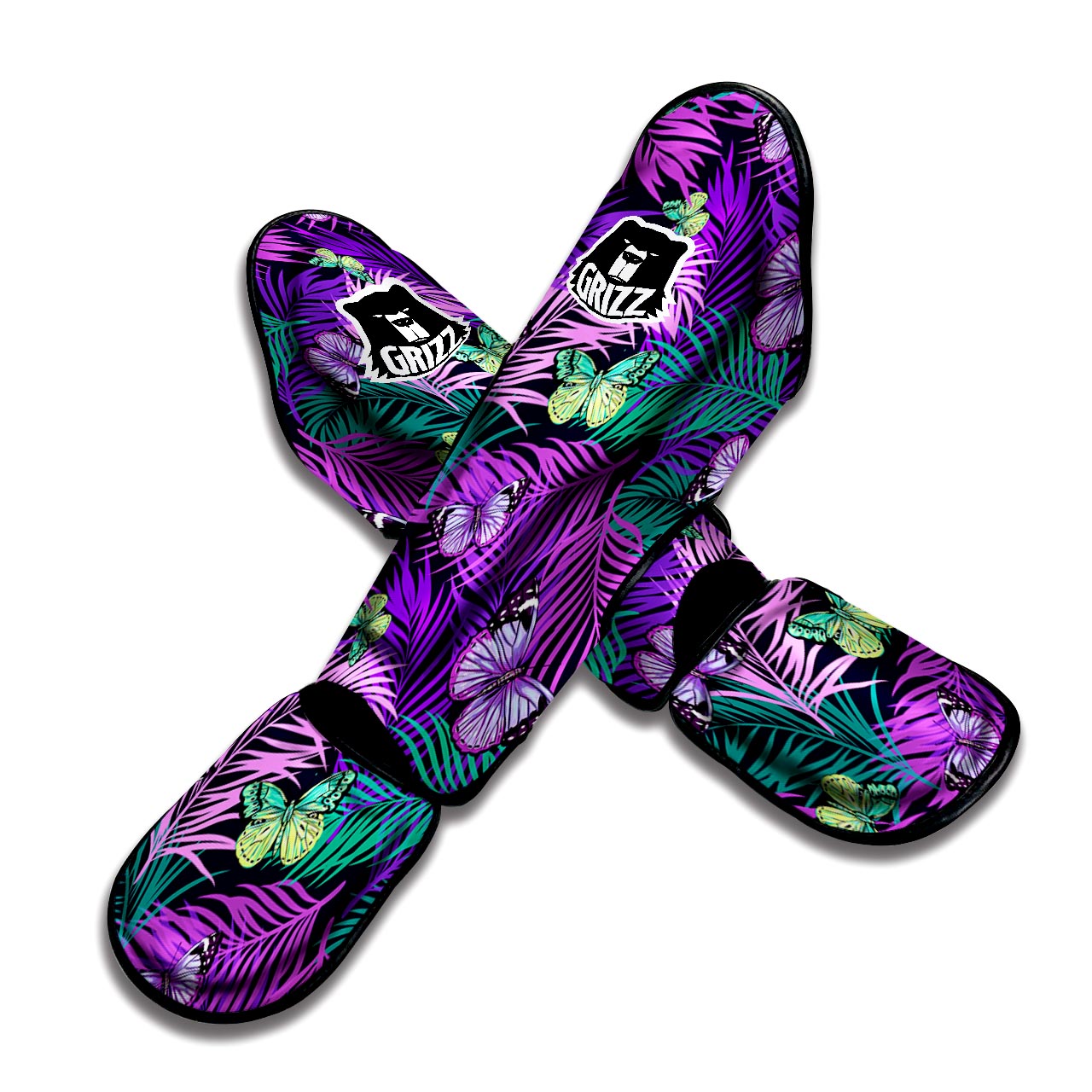 Neon Purple Tropical Palm Tree Butterfly Print Muay Thai Shin Guard-grizzshop