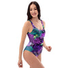 Neon Purple Tropical Palm Tree Butterfly Print One Piece Swimsuite-grizzshop