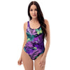 Neon Purple Tropical Palm Tree Butterfly Print One Piece Swimsuite-grizzshop