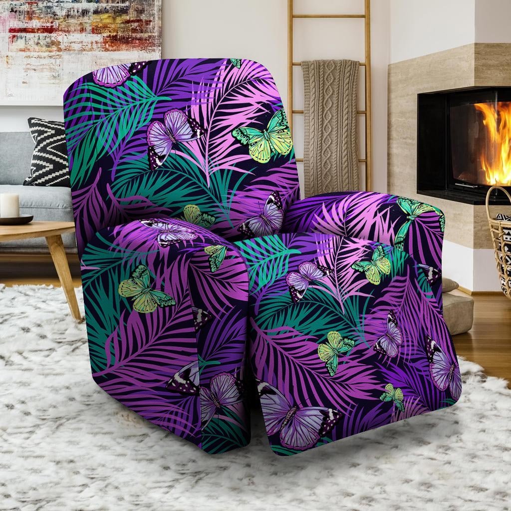 Neon Purple Tropical Palm Tree Butterfly Print Recliner Cover-grizzshop