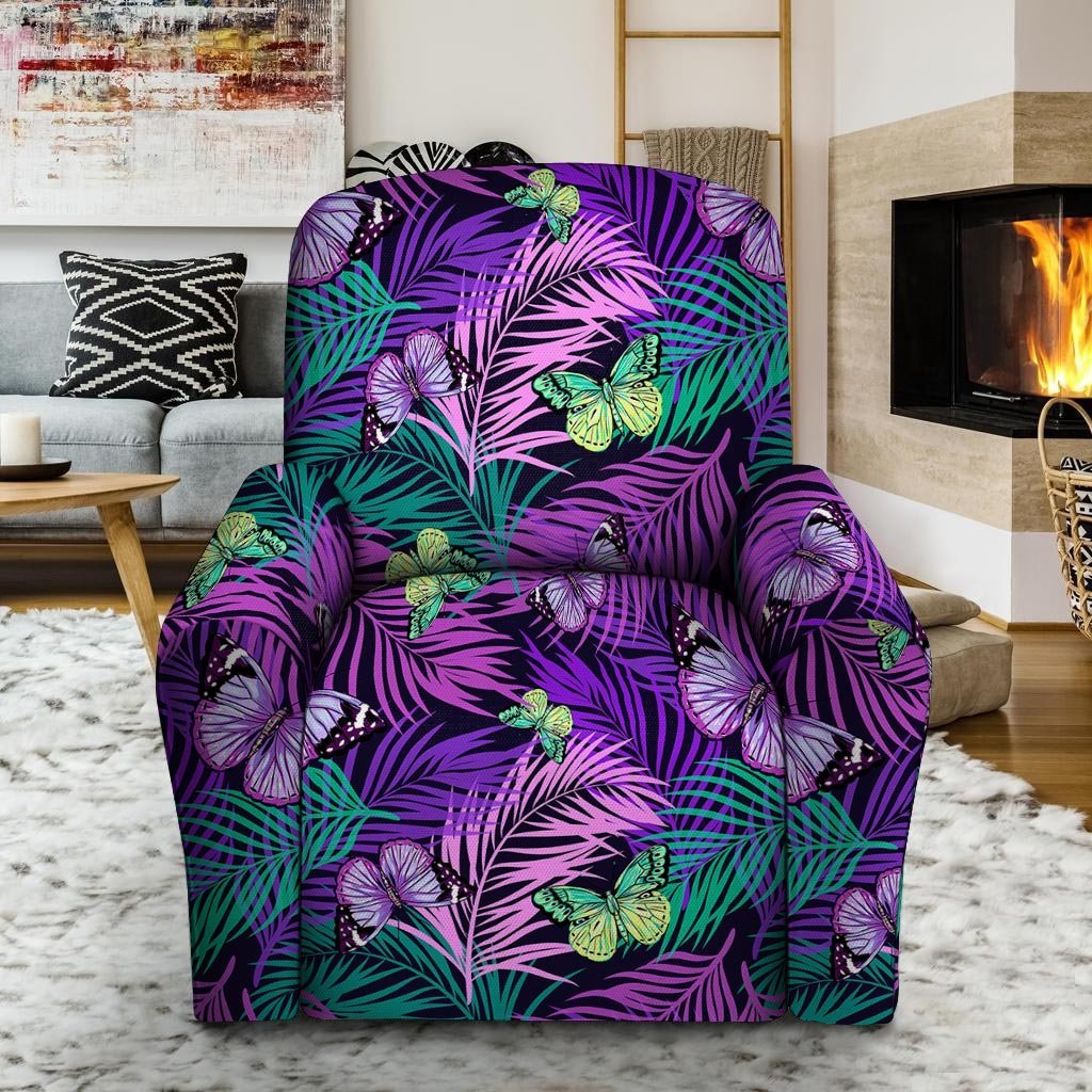 Neon Purple Tropical Palm Tree Butterfly Print Recliner Cover-grizzshop