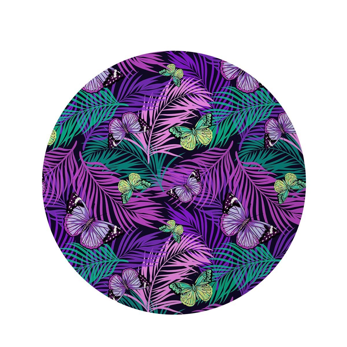 Neon Purple Tropical Palm Tree Butterfly Print Round Rug-grizzshop