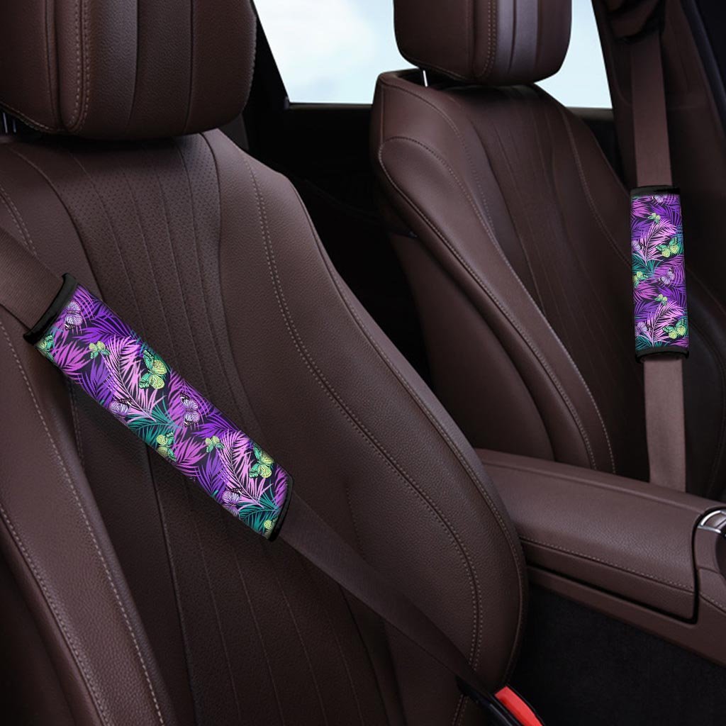 Neon Purple Tropical Palm Tree Butterfly Print Seat Belt Cover-grizzshop