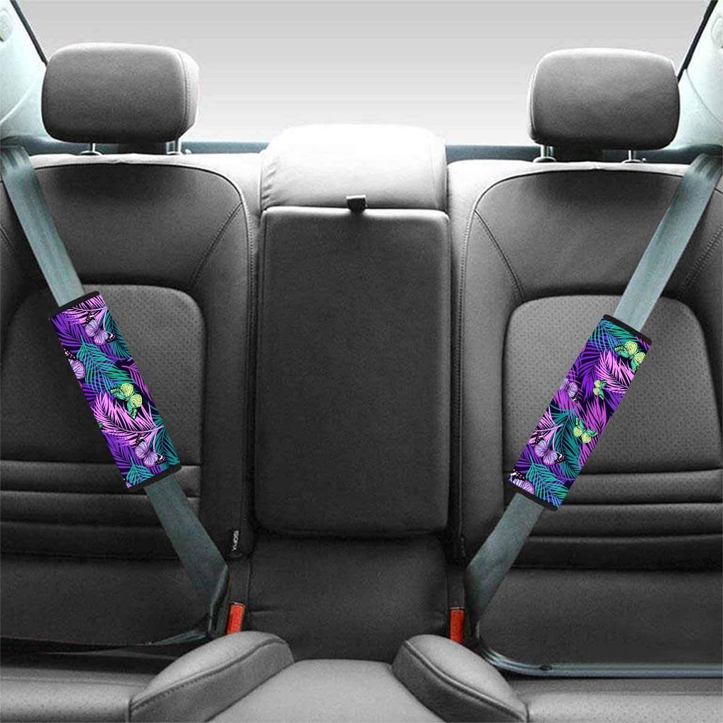 Neon Purple Tropical Palm Tree Butterfly Print Seat Belt Cover-grizzshop