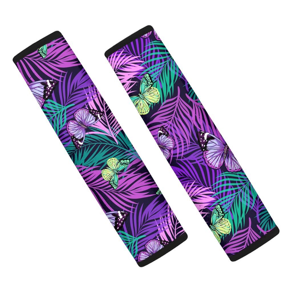 Neon Purple Tropical Palm Tree Butterfly Print Seat Belt Cover-grizzshop