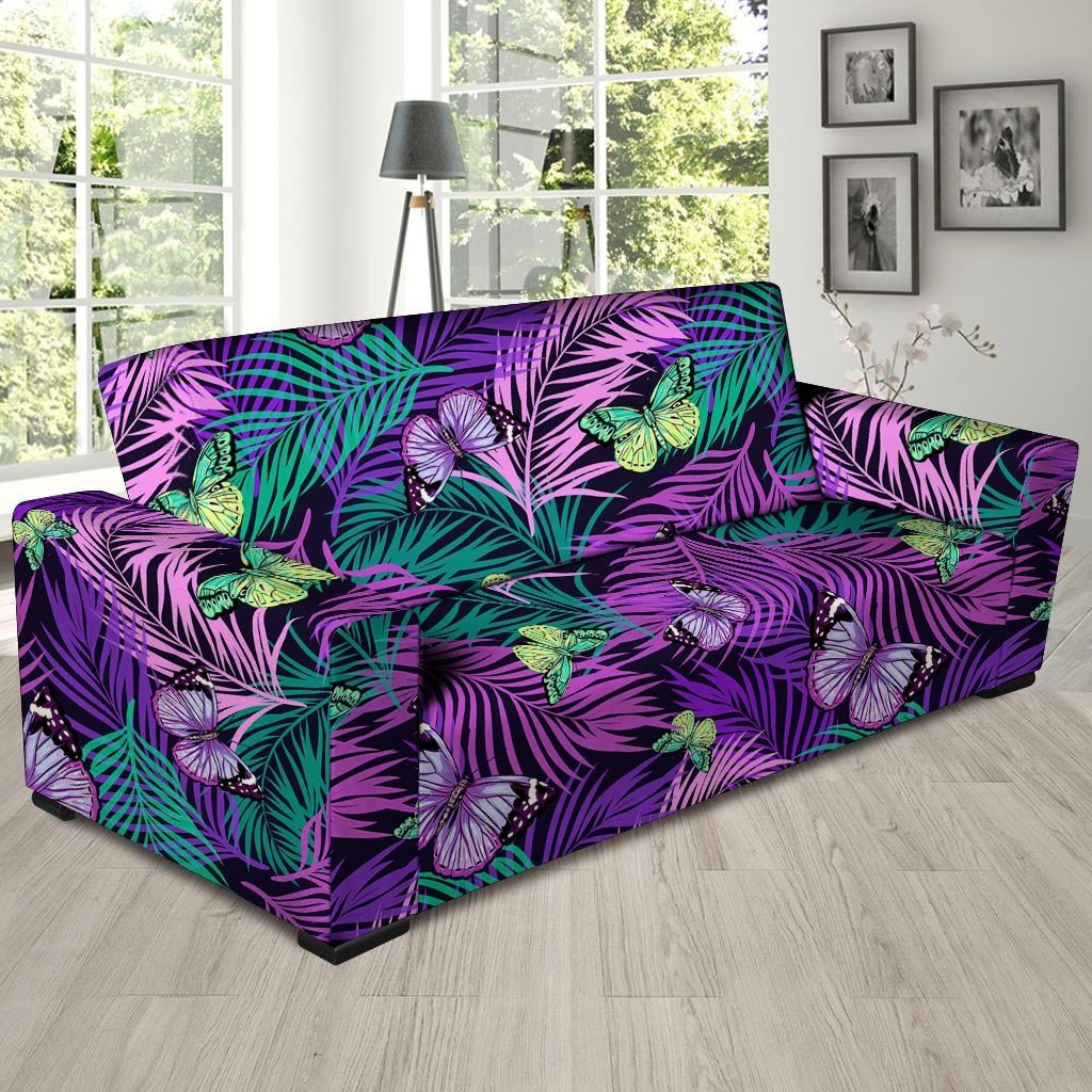 Neon Purple Tropical Palm Tree Butterfly Print Sofa Cover-grizzshop