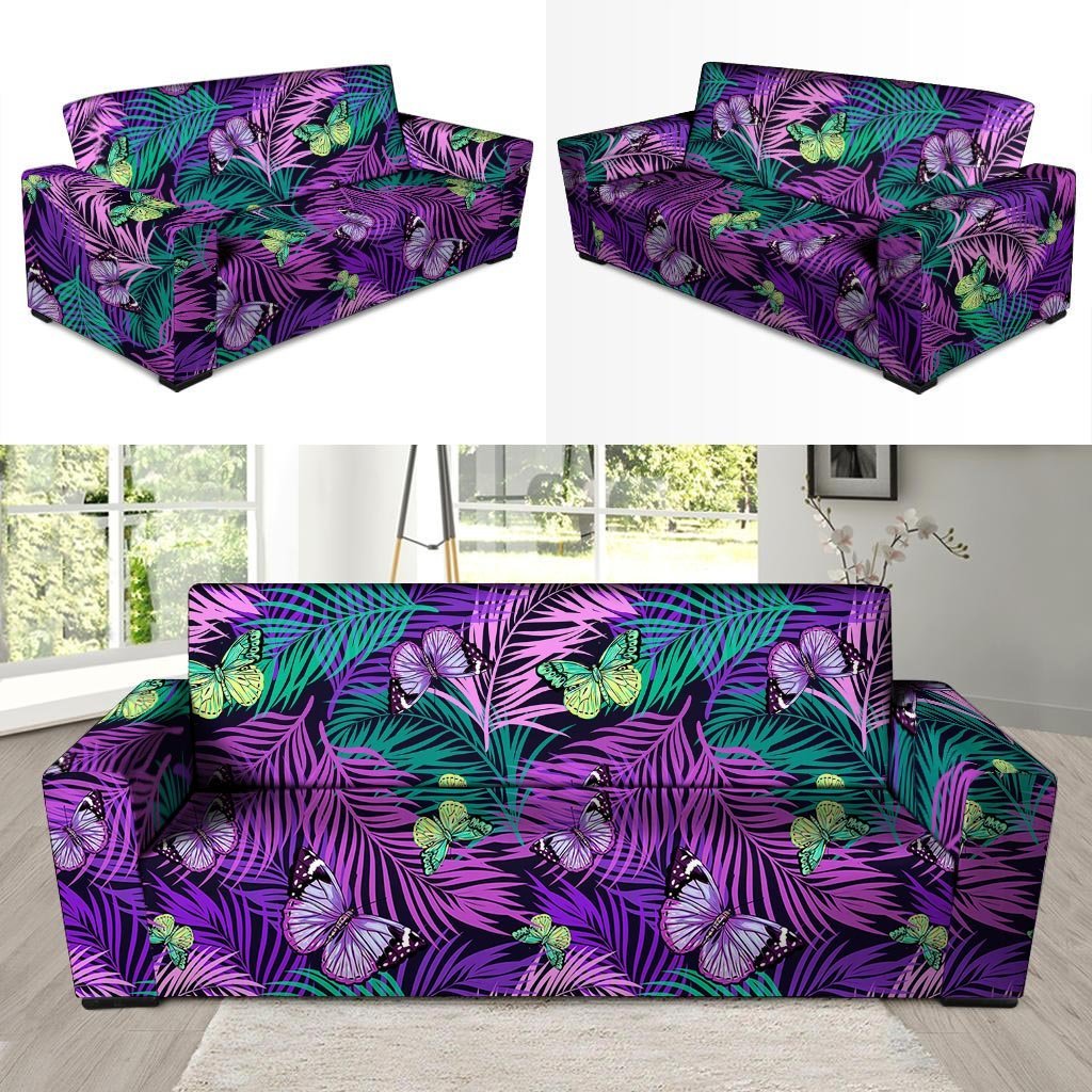 Neon Purple Tropical Palm Tree Butterfly Print Sofa Cover-grizzshop