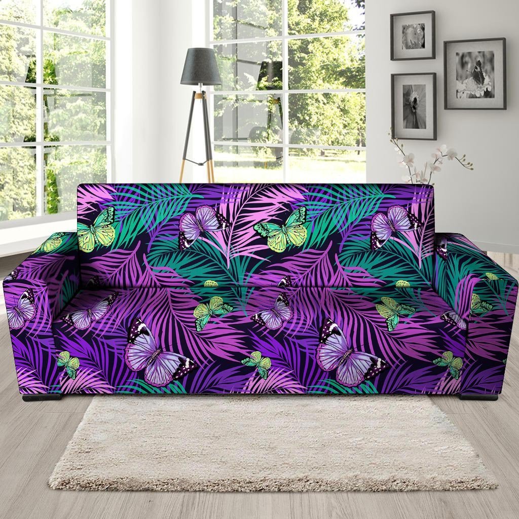 Neon Purple Tropical Palm Tree Butterfly Print Sofa Cover-grizzshop