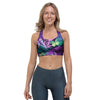 Neon Purple Tropical Palm Tree Butterfly Print Sports Bra-grizzshop