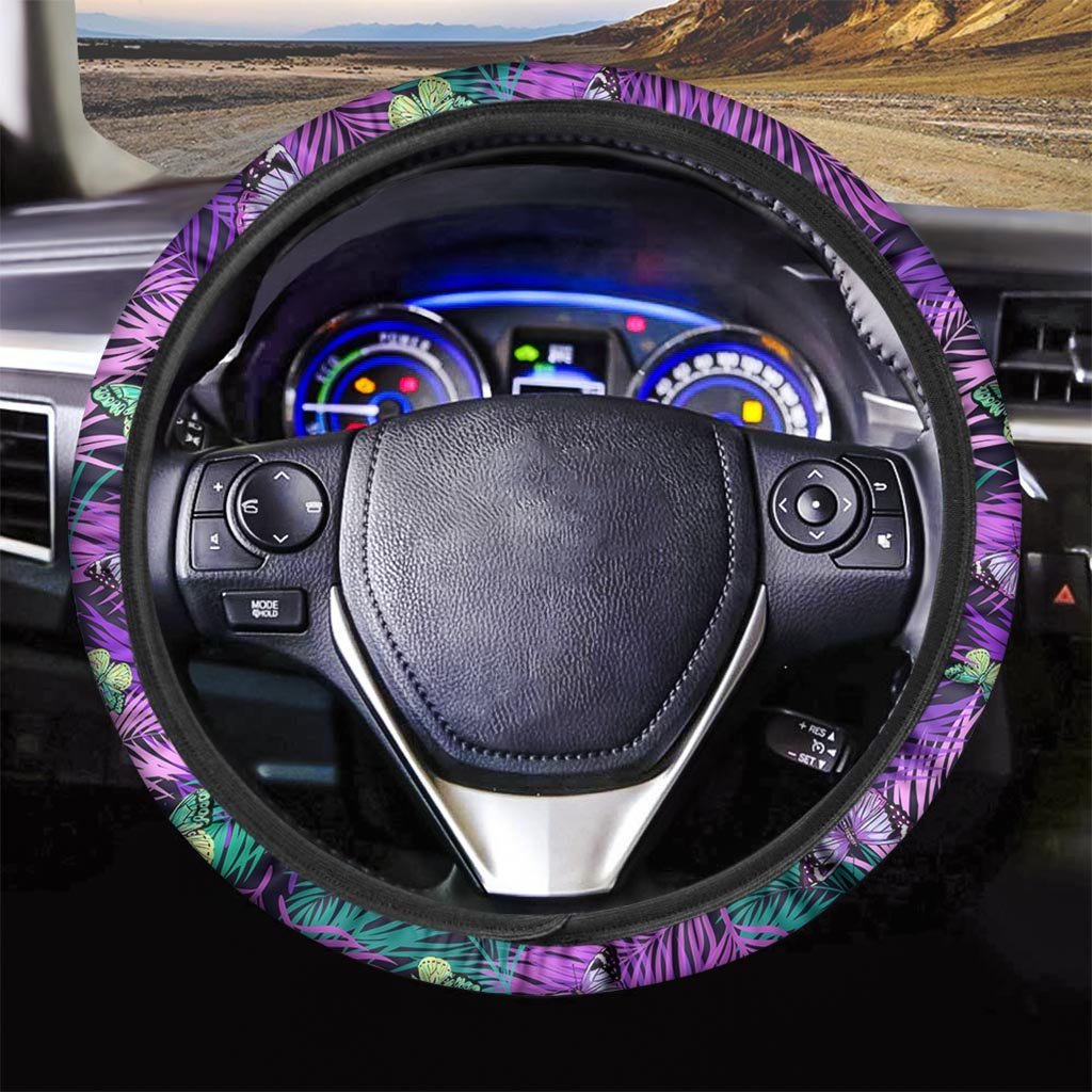 Neon Purple Tropical Palm Tree Butterfly Print Steering Wheel Cover-grizzshop