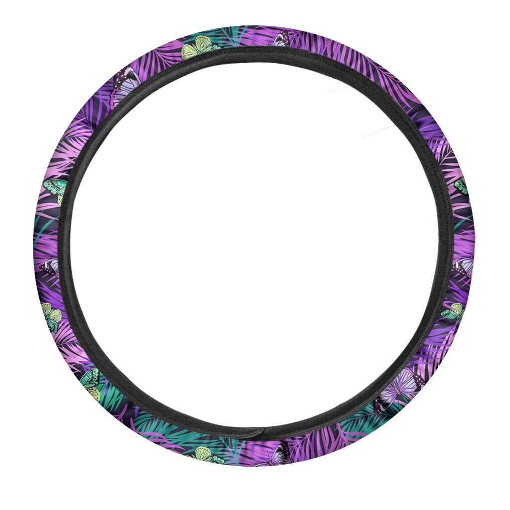 Neon Purple Tropical Palm Tree Butterfly Print Steering Wheel Cover-grizzshop