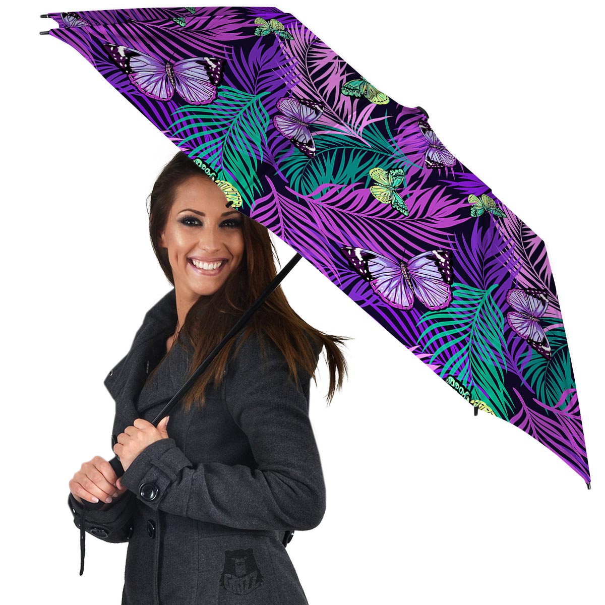 Neon Purple Tropical Palm Tree Butterfly Print Umbrella-grizzshop