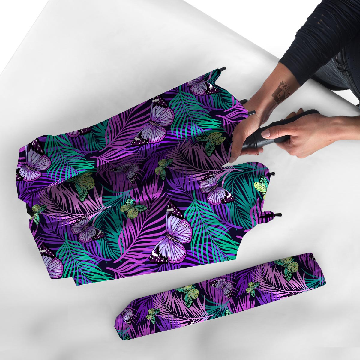 Neon Purple Tropical Palm Tree Butterfly Print Umbrella-grizzshop