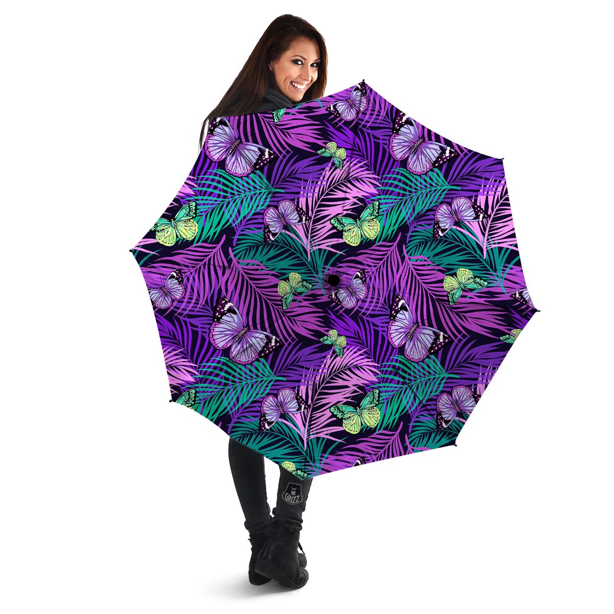 Neon Purple Tropical Palm Tree Butterfly Print Umbrella-grizzshop