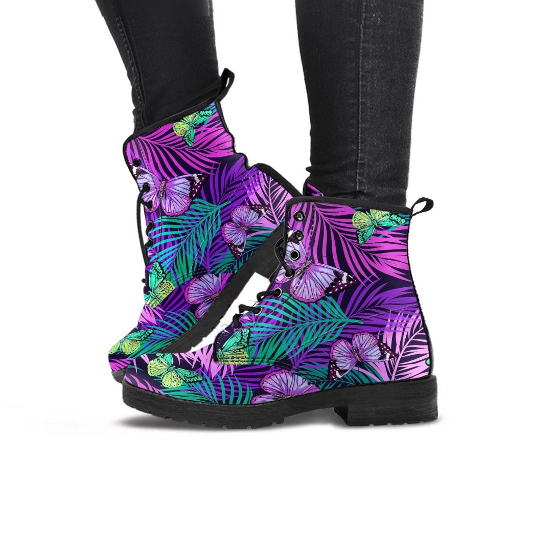 Neon Purple Tropical Palm Tree Butterfly Print Women's Boots-grizzshop