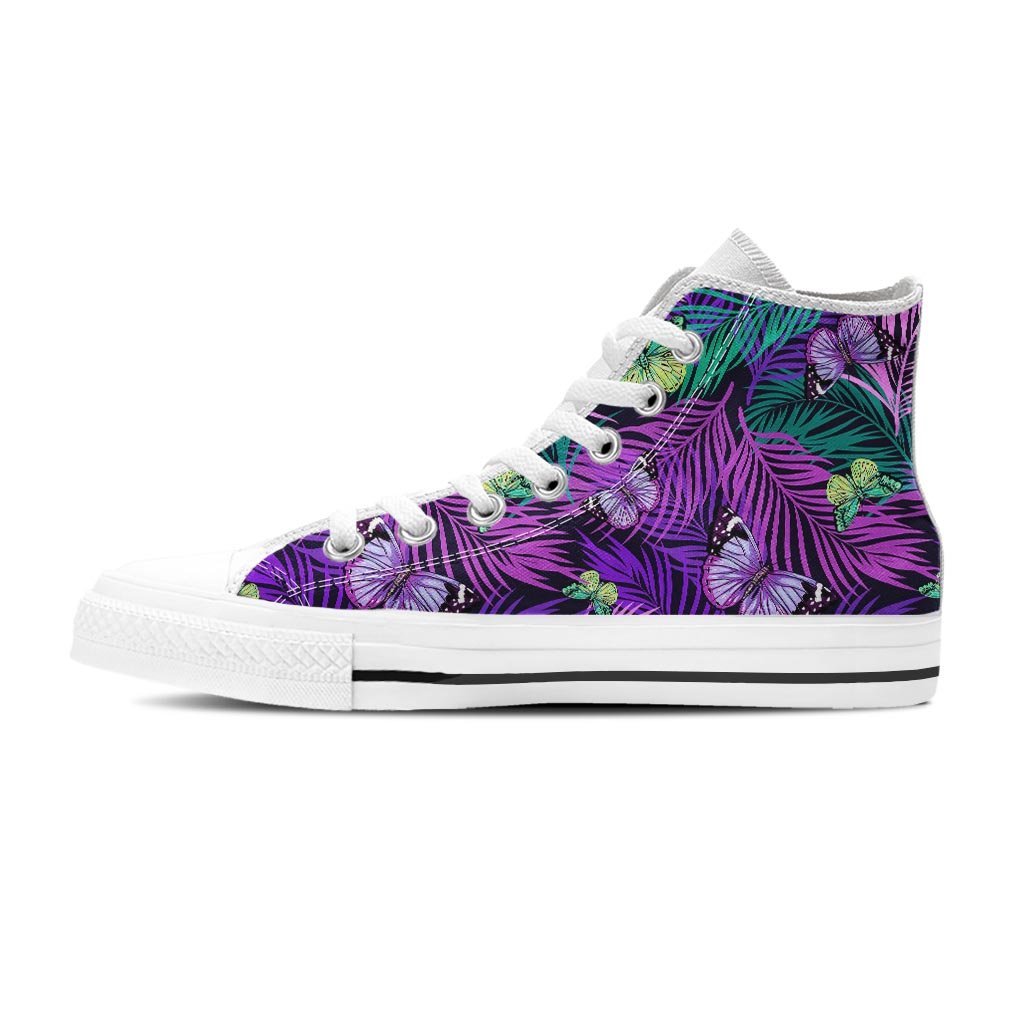 Neon Purple Tropical Palm Tree Butterfly Print Women's High Top Shoes-grizzshop