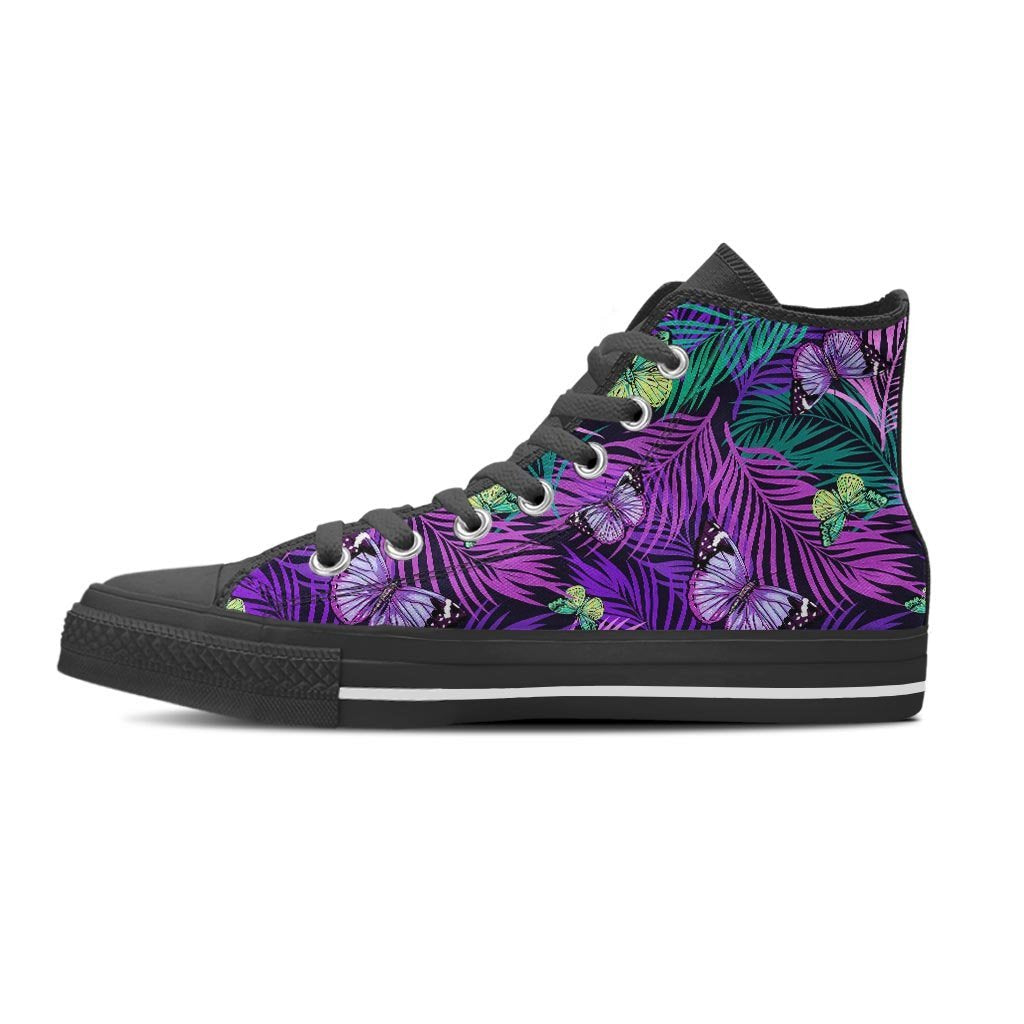 Neon Purple Tropical Palm Tree Butterfly Print Women's High Top Shoes-grizzshop