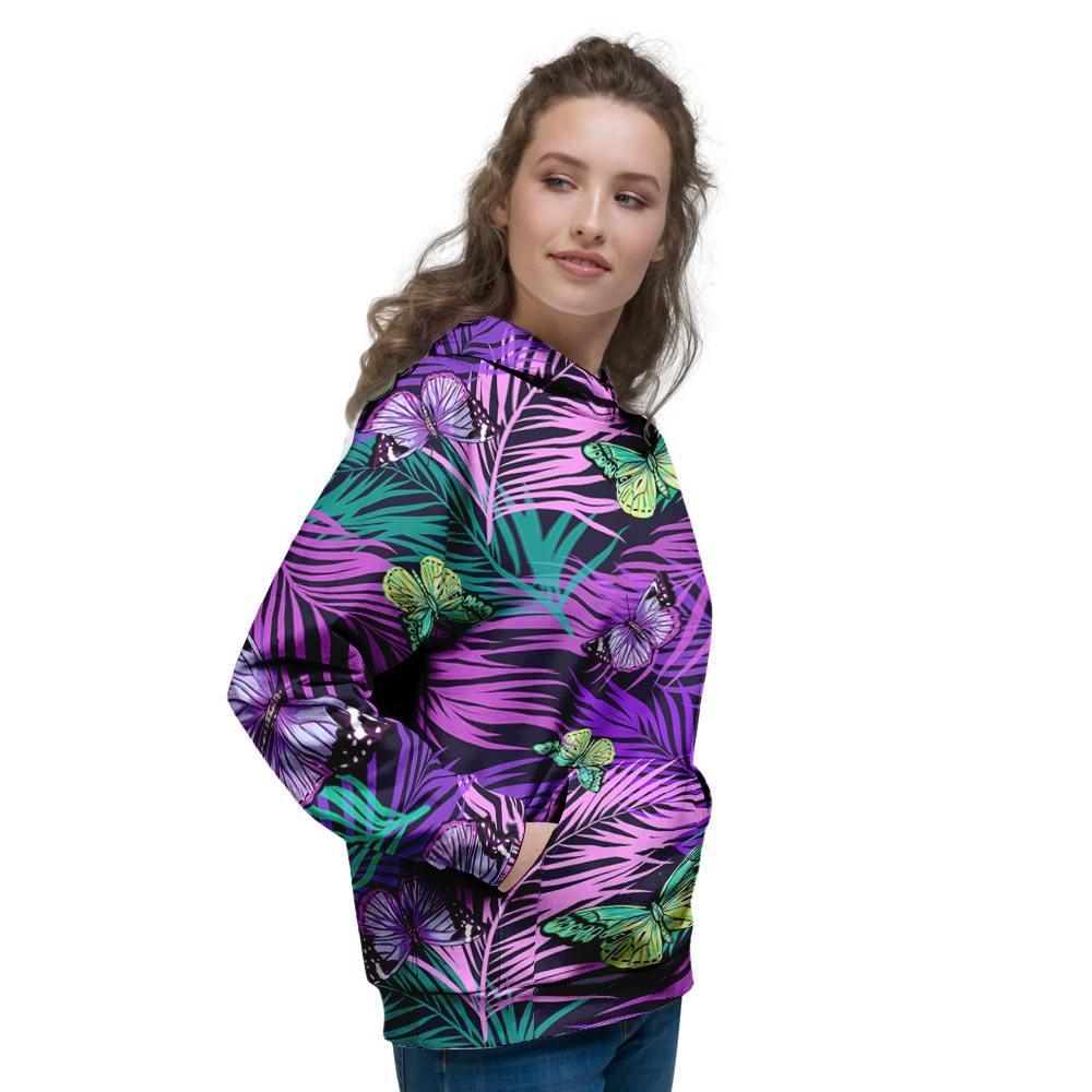 Neon Purple Tropical Palm Tree Butterfly Print Women's Hoodie-grizzshop