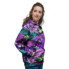 Neon Purple Tropical Palm Tree Butterfly Print Women's Hoodie-grizzshop