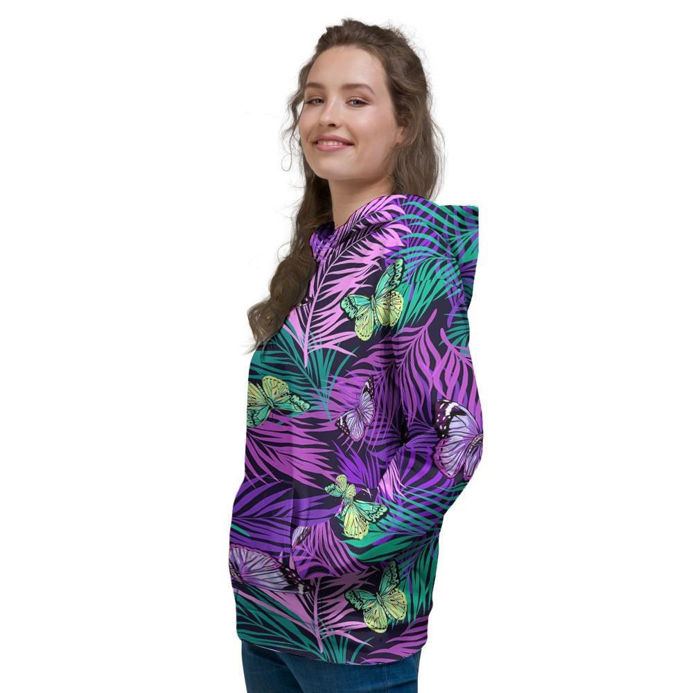 Neon Purple Tropical Palm Tree Butterfly Print Women's Hoodie-grizzshop