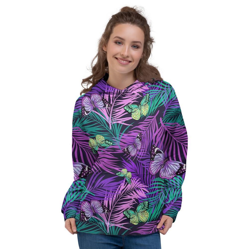 Neon Purple Tropical Palm Tree Butterfly Print Women's Hoodie-grizzshop