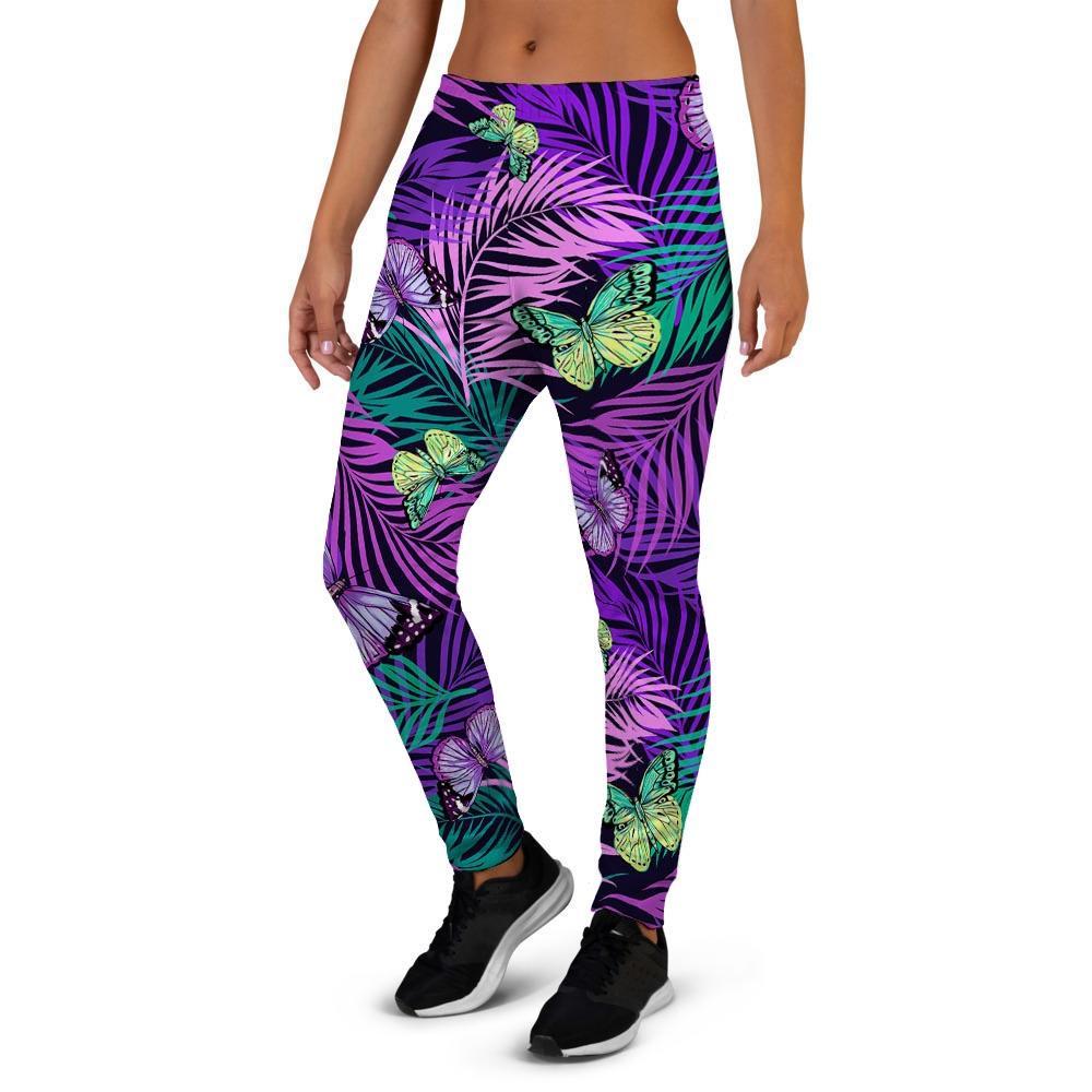 Neon Purple Tropical Palm Tree Butterfly Print Women's Joggers-grizzshop