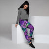 Neon Purple Tropical Palm Tree Butterfly Print Women's Joggers-grizzshop