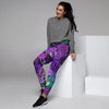 Neon Purple Tropical Palm Tree Butterfly Print Women's Joggers-grizzshop