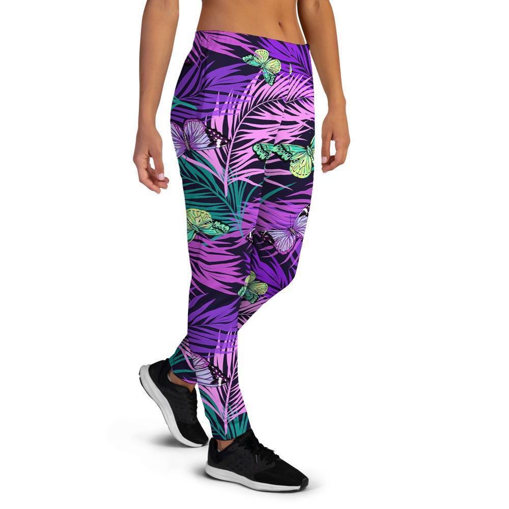 Neon Purple Tropical Palm Tree Butterfly Print Women's Joggers-grizzshop