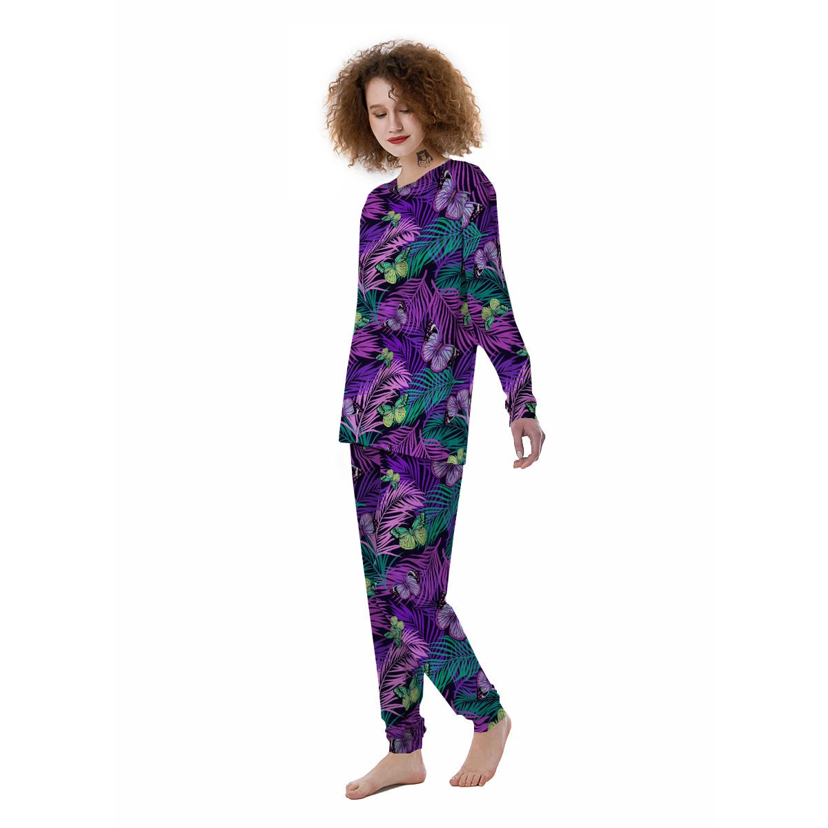 Neon Purple Tropical Palm Tree Butterfly Print Women's Pajamas-grizzshop