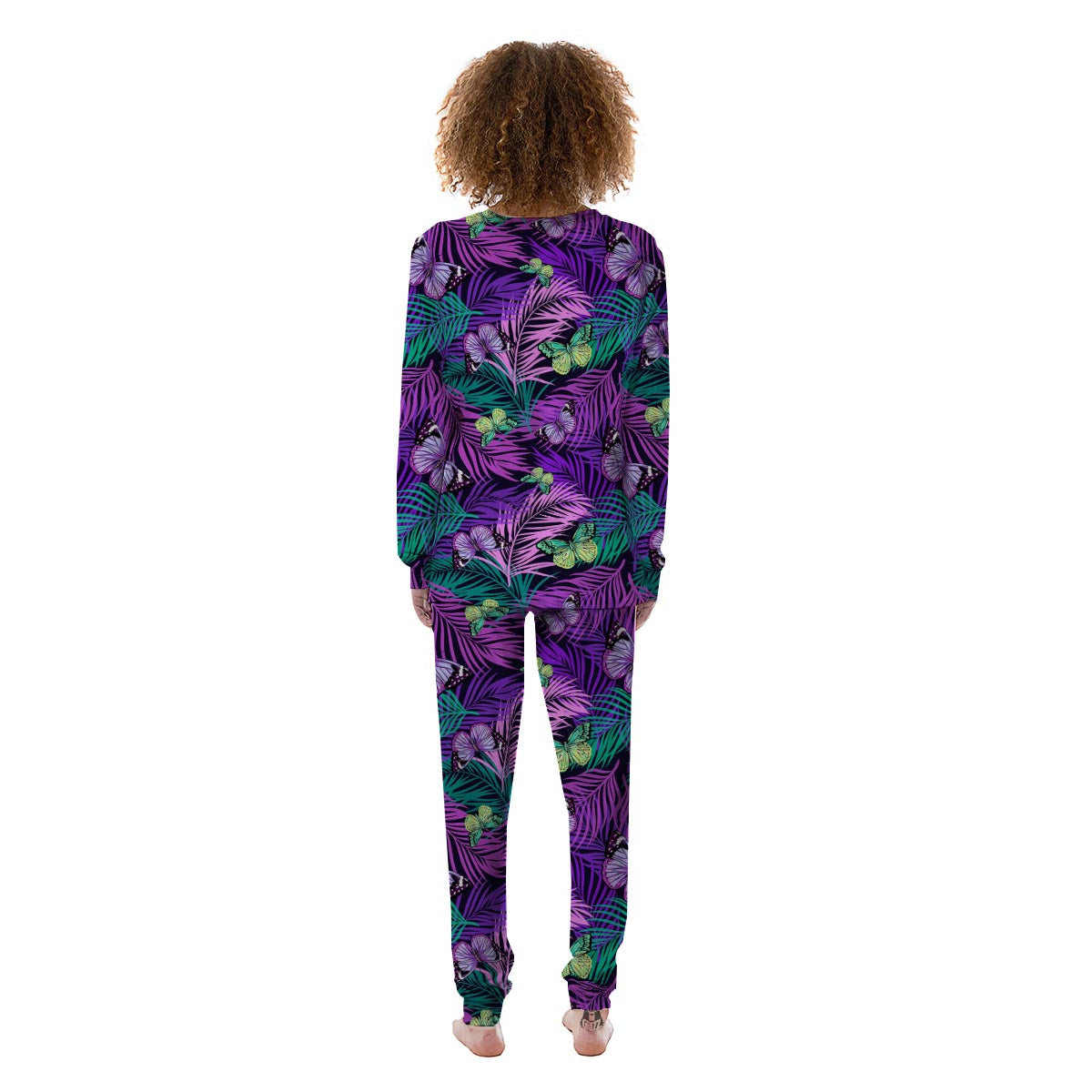 Neon Purple Tropical Palm Tree Butterfly Print Women's Pajamas-grizzshop