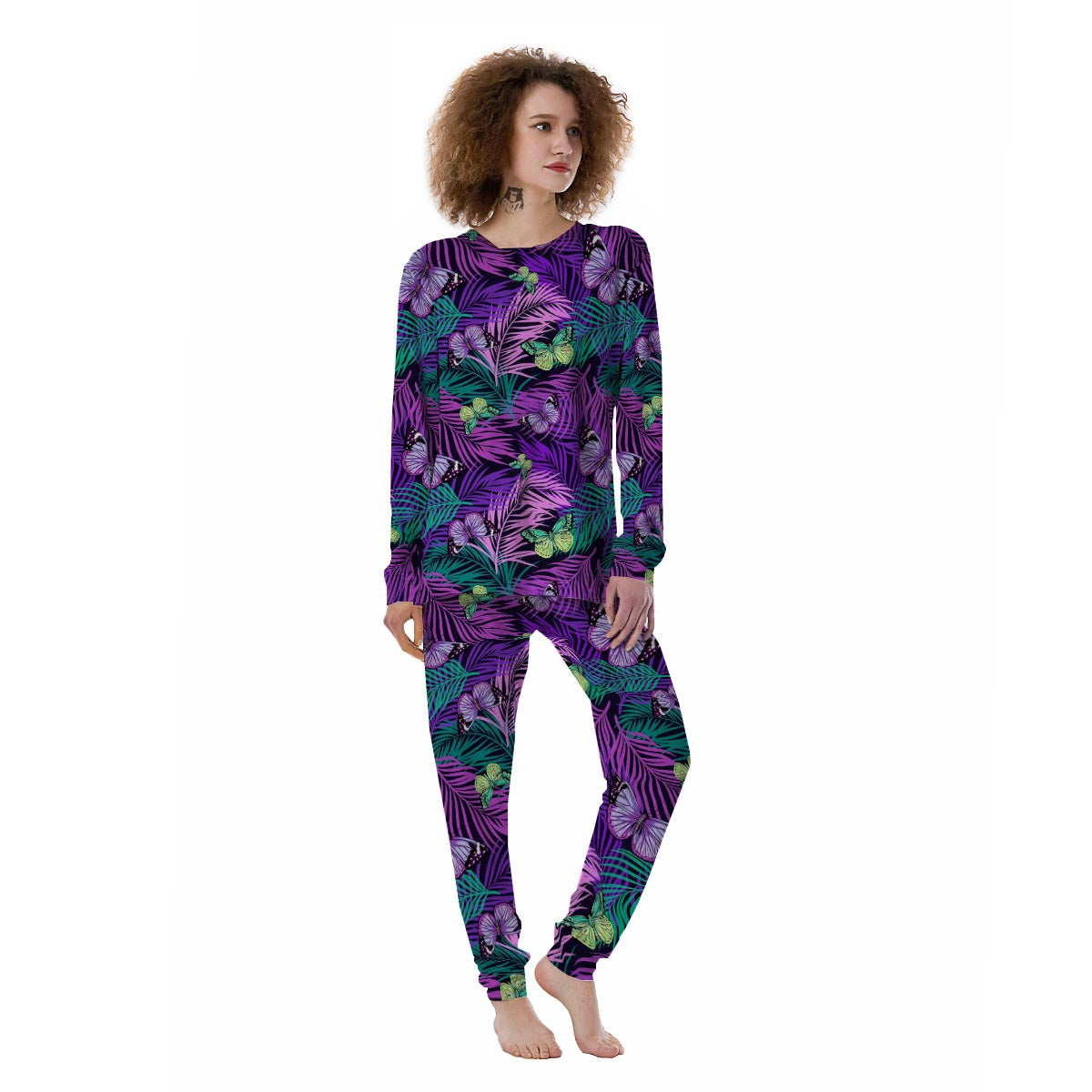 Neon Purple Tropical Palm Tree Butterfly Print Women's Pajamas-grizzshop